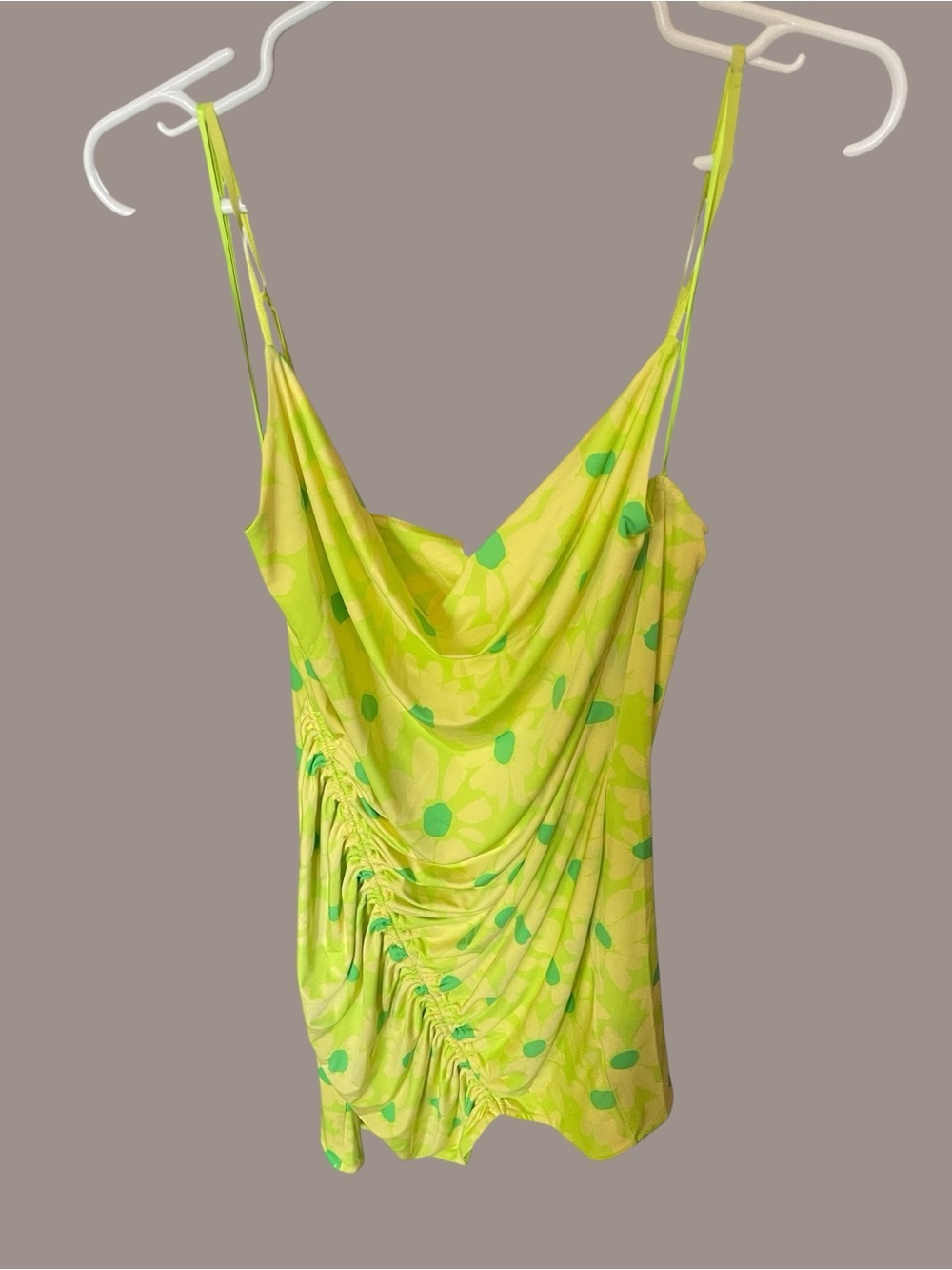 AFRM Lime Green Printed Cowl Neck Camisole with Ruched Side